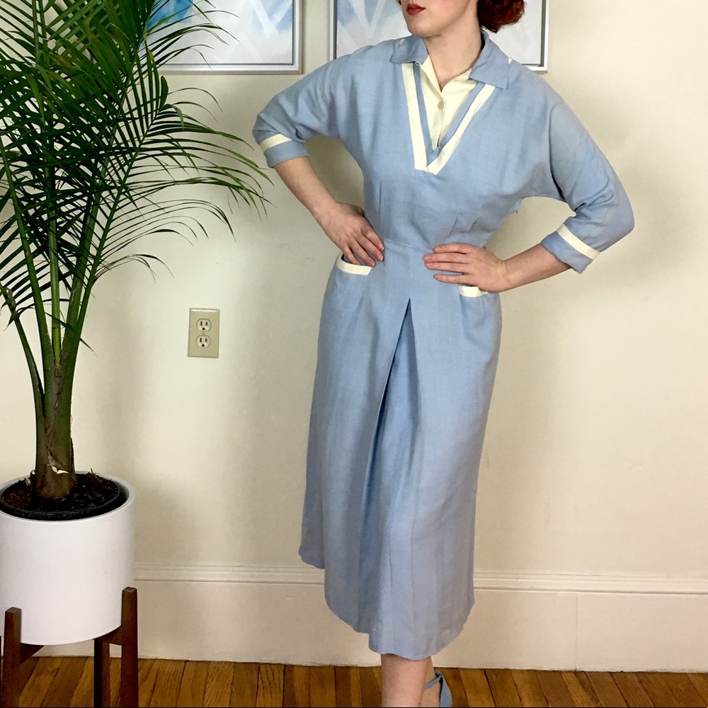 Vintage 1940s 1950s blue gabardine day dress